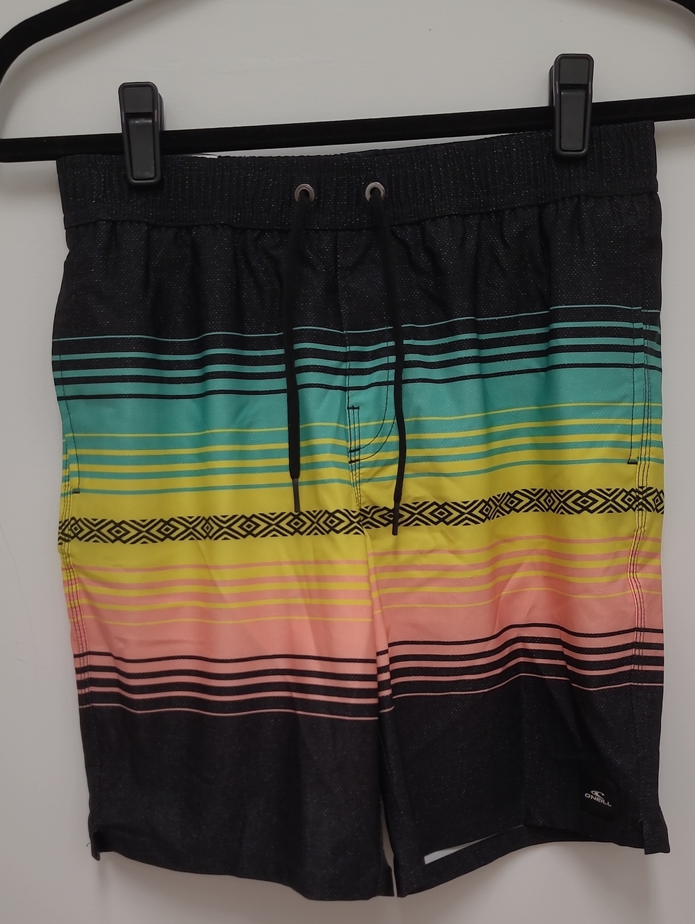 O'Neill Black Swim Shorts with Teal, Yellow & Coral Stripes